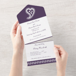 Invitation Tout En Un Cœurs Paisley Sucrés en Violet
