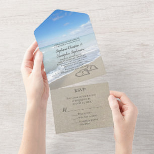 Invitation Tout En Un Coeurs pittoresques dans le Sand Beach Mariage Tou
