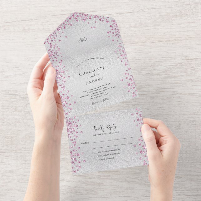 Invitation Tout En Un Coeurs rose argent mariage élégant (Déchirure)