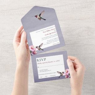Invitation Tout En Un Colibri et Hibiscus Mariage pourpre
