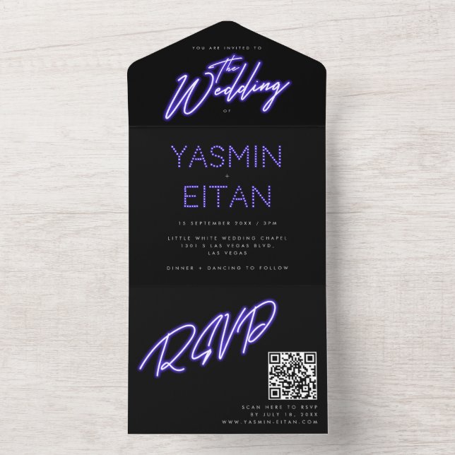 Invitation Tout En Un Cool Neon violet brillant noir moderne Mariage (À l'intérieur)