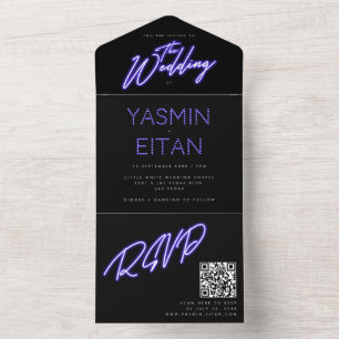 Invitation Tout En Un Cool Neon violet brillant noir moderne Mariage