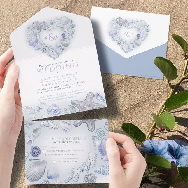 Invitation Tout En Un Coquillages coeur aquarelle plage mariage bleu (Créateur téléchargé)