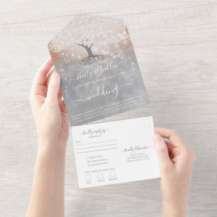 Invitation Tout En Un Corail rose pâle et Mariage de feuille de coeur gr