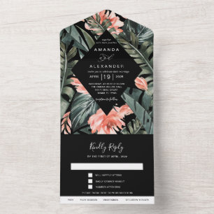 Invitation Tout En Un Corail tropical Mariage noir Monstera Palm