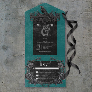 Invitation Tout En Un Corbeau noir gothique et Rose noir Turquoise Pas d