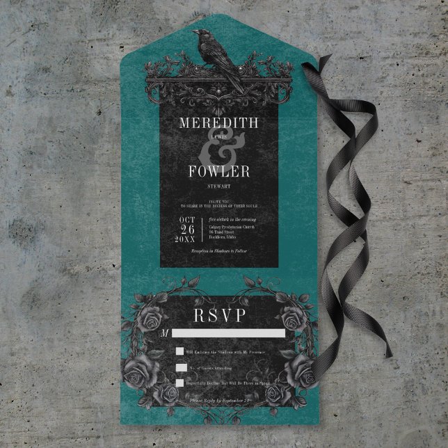 Invitation Tout En Un Corbeau noir gothique et Rose noir Turquoise Pas d (Gothic Black Raven & Black Roses Teal No Dinner All In One Invitation)