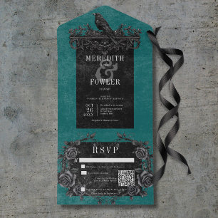 Invitation Tout En Un Corbeau noir gothique et Rose noir Turquoise QR Co