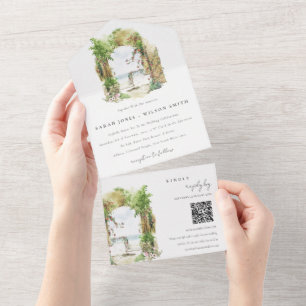 Invitation Tout En Un Côte Floral Arch Beach Mariage QR Code