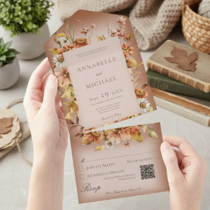 Invitation Tout En Un Cottage rustique Coeur Automne Fleur sauvage Rust 