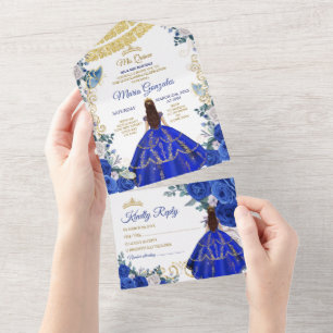 Invitation Tout En Un Couronne d'or pour Quinceañera 16 ans bleu royal
