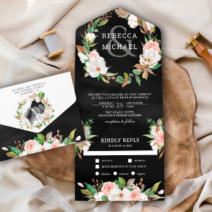Invitation Tout En Un Couronne florale rose Magnolia Blush mariage noir