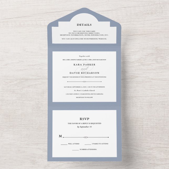 Invitation Tout En Un Couture élégante | Dusty Blue Mariage (À l'intérieur)