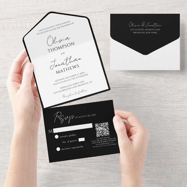 Invitation Tout En Un Cravate noire simple blanc Script QR Code Mariage (Créateur téléchargé)