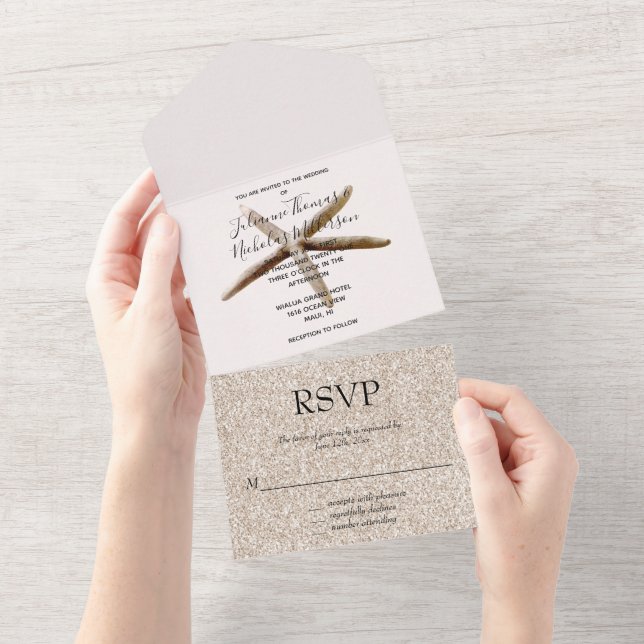 Invitation Tout En Un Cream Blush Beach Starfish Mariage (Déchirure)