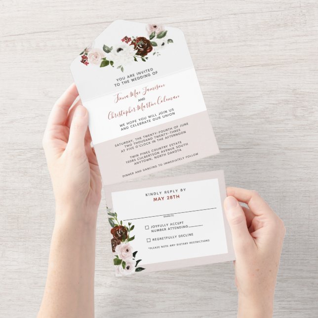 Invitation Tout En Un Crème Bourgogne Rose Rose Dusty Mariage (Déchirure)