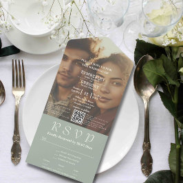 Invitation Tout En Un Crème d'ivoire verte minimaliste Sage Code QR