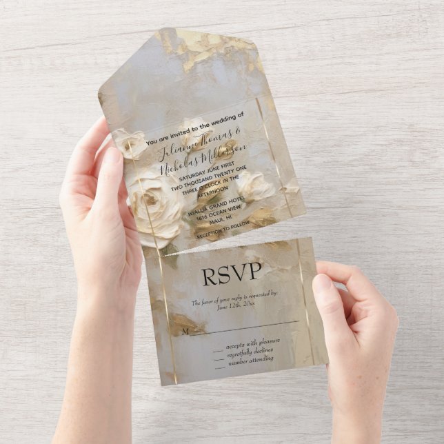Invitation Tout En Un Crème d'or romantique Roses blanches (Déchirure)