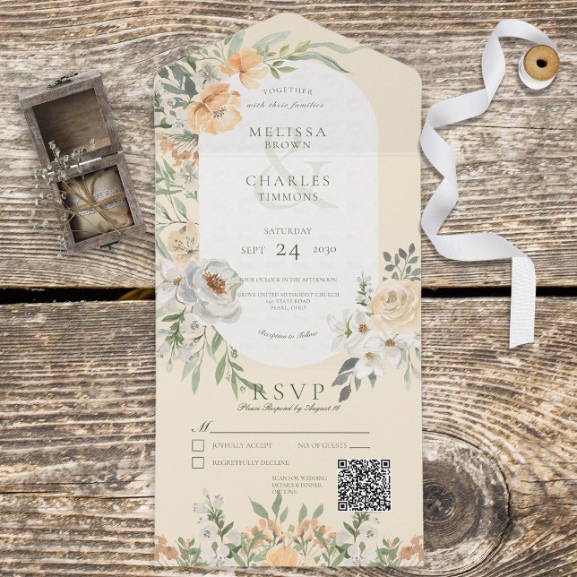 Invitation Tout En Un Crème et Boho jaune Floral Code QR jaune (Créateur téléchargé)