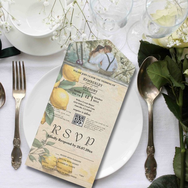 Invitation Tout En Un Crème jaune citron vert botanique QR Code (Créateur téléchargé)