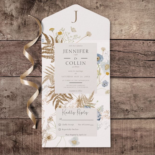 Invitation Tout En Un Crème Monogramme Fleur sauvage Rustique Pas de dîn (Rustic Wildflowers Monogram Cream All in One Wedding Invitation without Dinner Options)