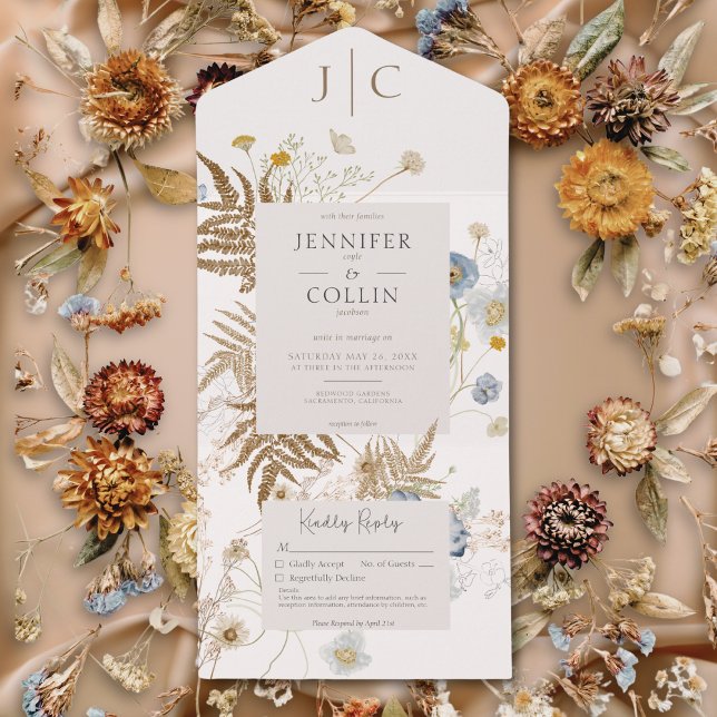 Invitation Tout En Un Crème Monogramme Fleur sauvage Rustique Pas de dîn (Rustic Wildflowers Monogram Cream No Dinner All In One Invitation)