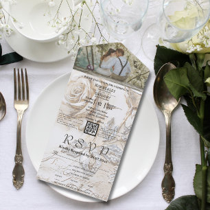 Invitation Tout En Un Crème vintage Argent Roses Floral QR Code Photo