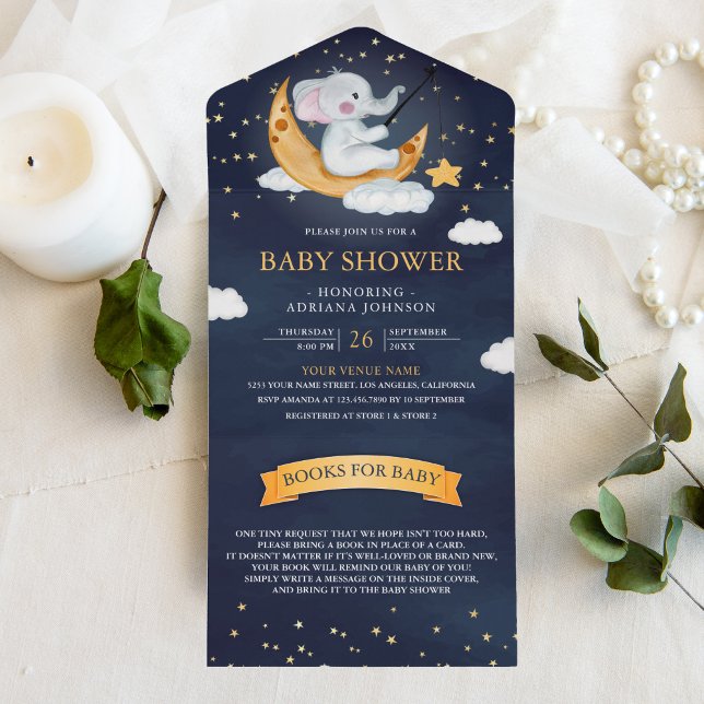 Invitation Tout En Un Crescent Moon Stars Marine Blue Elephant Baby show (Créateur téléchargé)