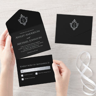 Invitation Tout En Un Crest Black Vintage Wedding Monogramme et RSVP