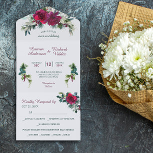 Invitation Tout En Un Crimson Noël Rose Bouquet Mariage Tout en un