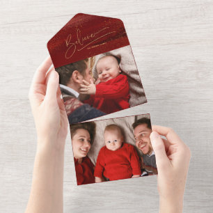 Invitation Tout En Un Croire en or Calligraphie, Sparkles Photo - Rouge 