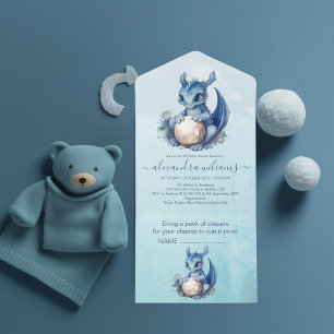 Invitation Tout En Un Cute Aquarelle Baby shower Dragon Bleu
