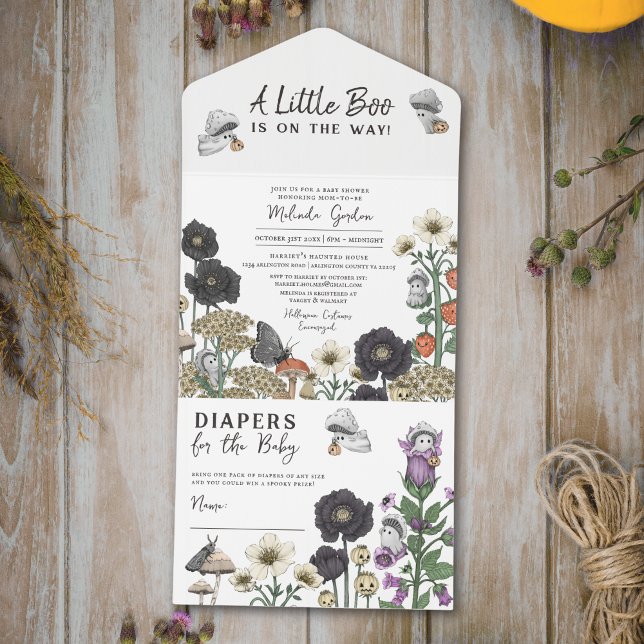 Invitation Tout En Un Cute Blanc Floral Fantômes Halloween Baby shower (A Little Boo is on the way halloween baby shower all-in-one invitatios with diaper raffle card.)