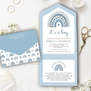 Invitation Tout En Un Cute bleu Aquarelle Boho Baby shower arc-en-ciel