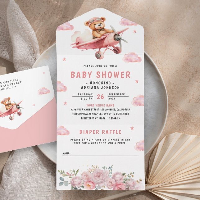 Invitation Tout En Un Cute Boho Teddy Bear Baby shower d'avion rose (Créateur téléchargé)