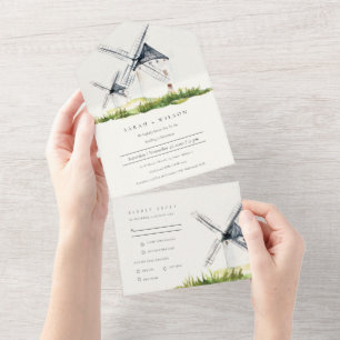 Invitation Tout En Un Cute Rustic Watercolor Windmill Mariage de thème d