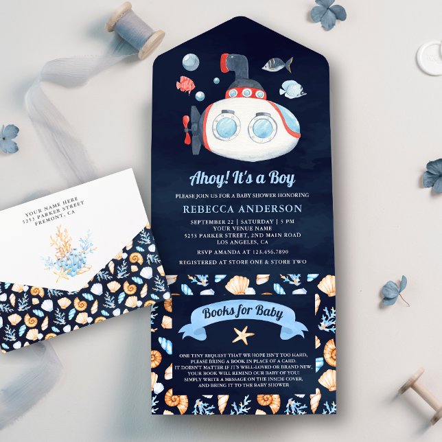 Invitation Tout En Un Cute sous-marin Nautique Baby shower bleu marine (Créateur téléchargé)
