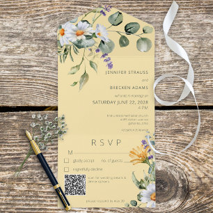 Invitation Tout En Un Daisy rustique & Lavande Floral Jaune QR Code