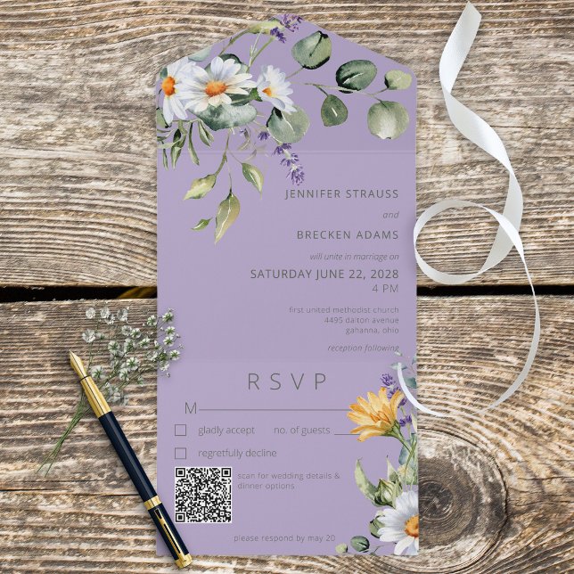 Invitation Tout En Un Daisy rustique & Lavender Floral Purple QR Code (Créateur téléchargé)