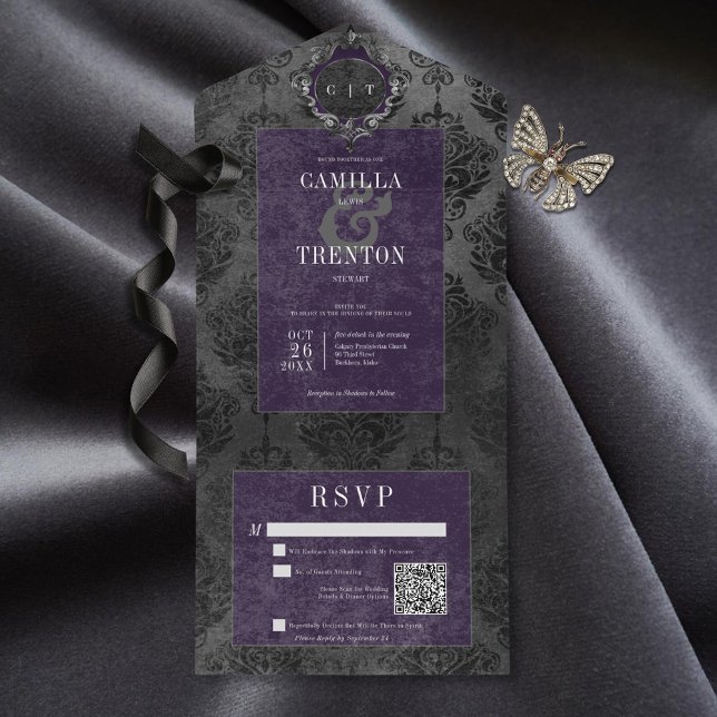 Invitation Tout En Un Dark Gothique Noir & Violet Damas Code QR (Also available without a QR code; with or without dinner selection options.)