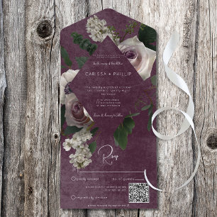 Invitation Tout En Un Dark Modern Rose & Blanc Floral Vin QR Code