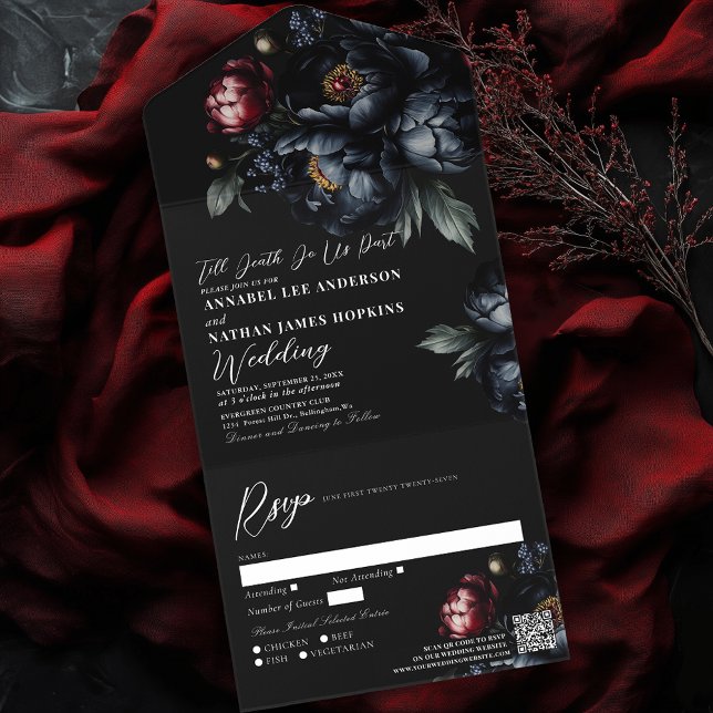 Invitation Tout En Un Dark Moody Black Peony Mariage gothique QR Code (Créateur téléchargé)