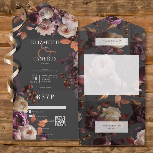 Invitation Tout En Un Dark Moody Fall Burgundy & Cream Peonies QR Code (Dark Moody Fall Burgundy & Cream Peonies All In One Wedding Invitation with QR Code)