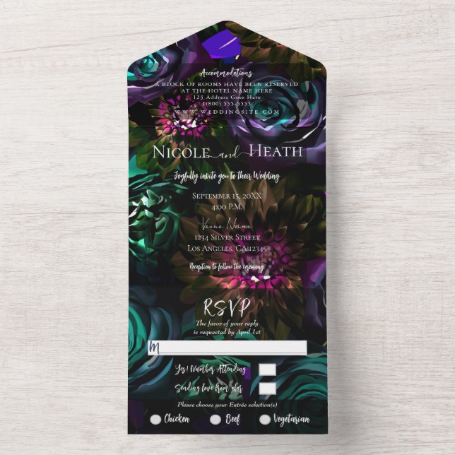 Invitation Tout En Un Dark Wonderland Bold Glam Floral Flowers Mariage (À l'intérieur)