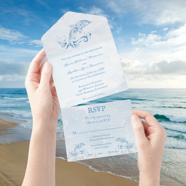 Invitation Tout En Un Dauphin bleu en un mariage Invitation (Blue Dolphin All in One Wedding Invite)