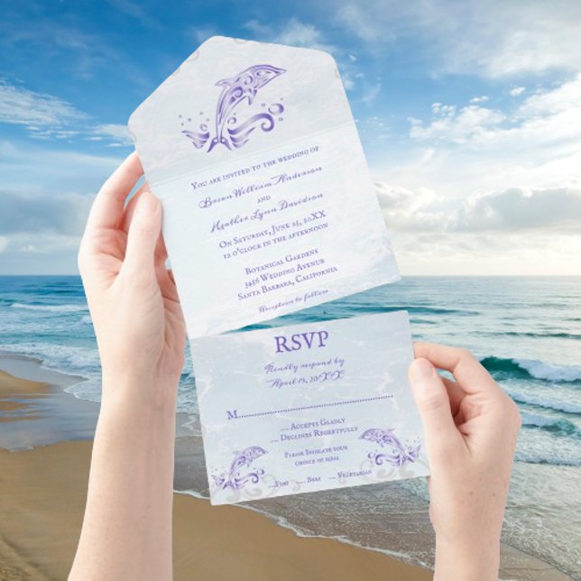 Invitation Tout En Un Dauphin violet tout en un mariage Inviter (Purple Dolphin All in One Wedding Invite)
