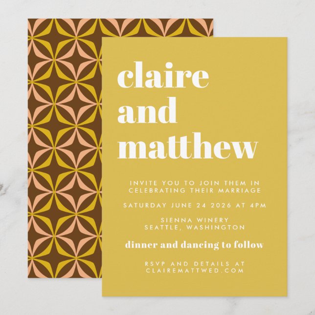 Invitation Tout-en-un de Mariage géométrique jaune du milieu  (Devant / Derrière)
