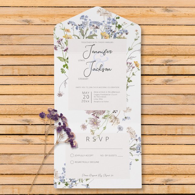 Invitation Tout En Un Délicat Boho Fleur sauvage Blanc Non Dîner (Delicate Boho Wildflowers White No Dinner All In One Invitation)