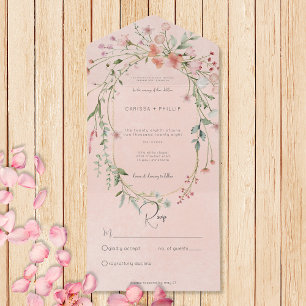 Invitation Tout En Un Délicat Rose Blush Rustic Fleurs sauvages Pas de d