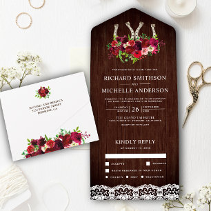 Invitation Tout En Un Dentelle Rustique Bois Bourgogne Floral Horseshoe 